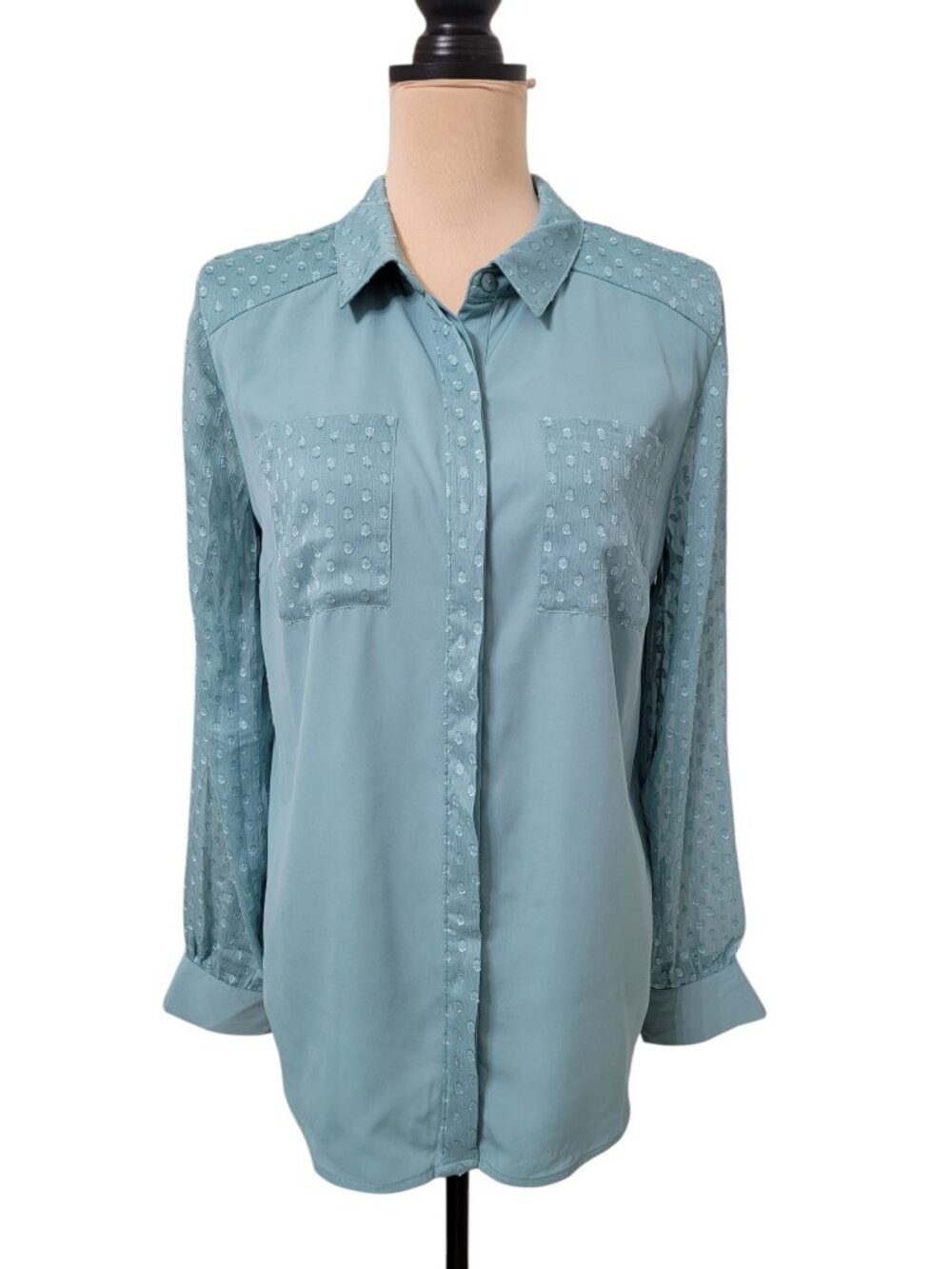 Isaac Mizrahi Live! Size 10 Deep Seafoam Green Sheer Sleeve Polka Dot Blouse
